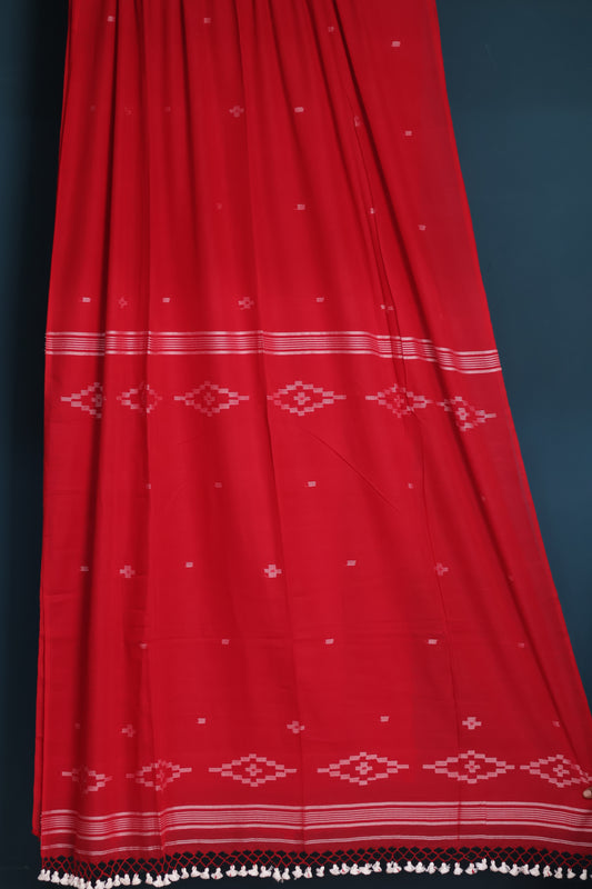 Red Pure Handwoven Malai Cotton Saree with Butta Weaving