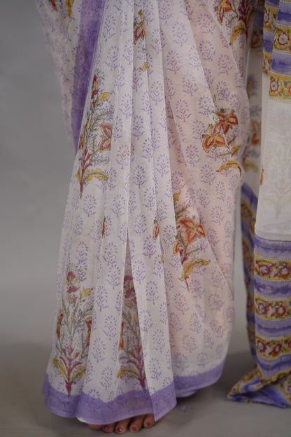 White & Lavender Hand Block Printed chiffon Saree| Looms & Tassels