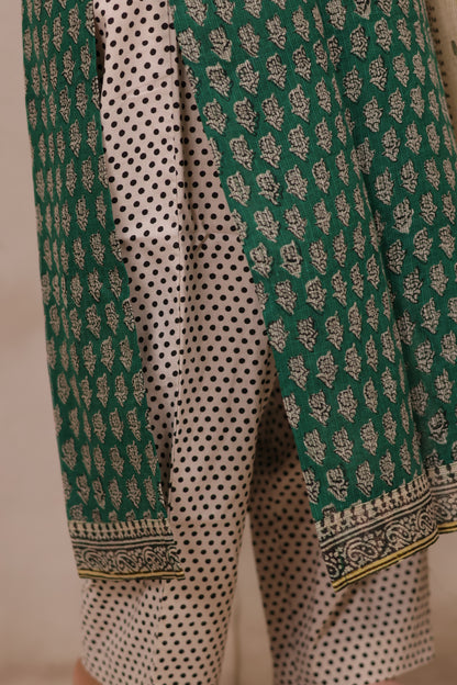 Green Handblock printed kota 3 piece suit (stitched)