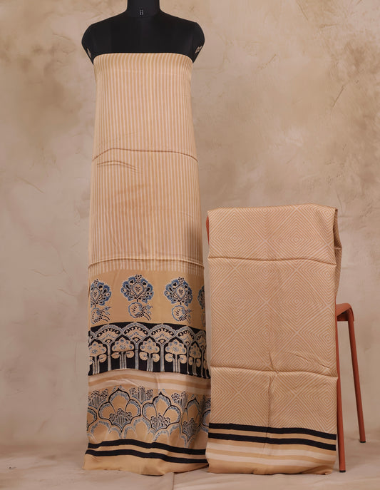 Cream Ajrakh Hand Block Printed Natural Dyed Modal Silk 2 Piece Suit Set | Looms & Tassels