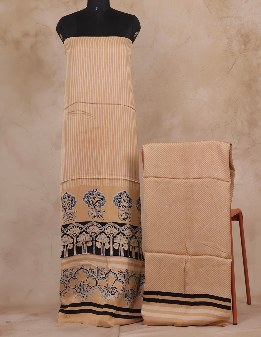 Cream Ajrakh Hand Block Printed Natural Dyed Modal Silk 2 Piece Suit Set | Looms & Tassels