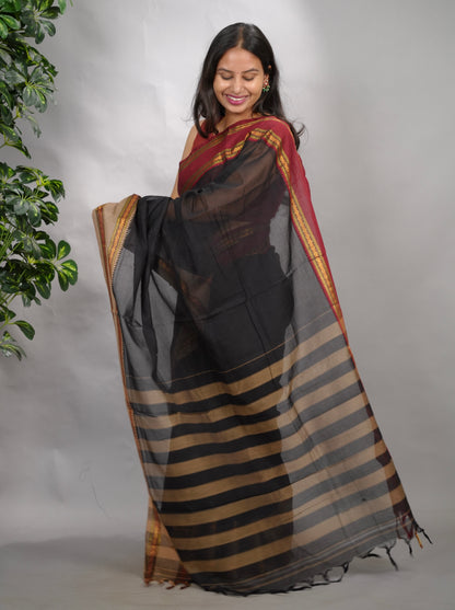Black Narayanpet Cotton Saree With Ganga And Jamuna Border | Looms & Tassels