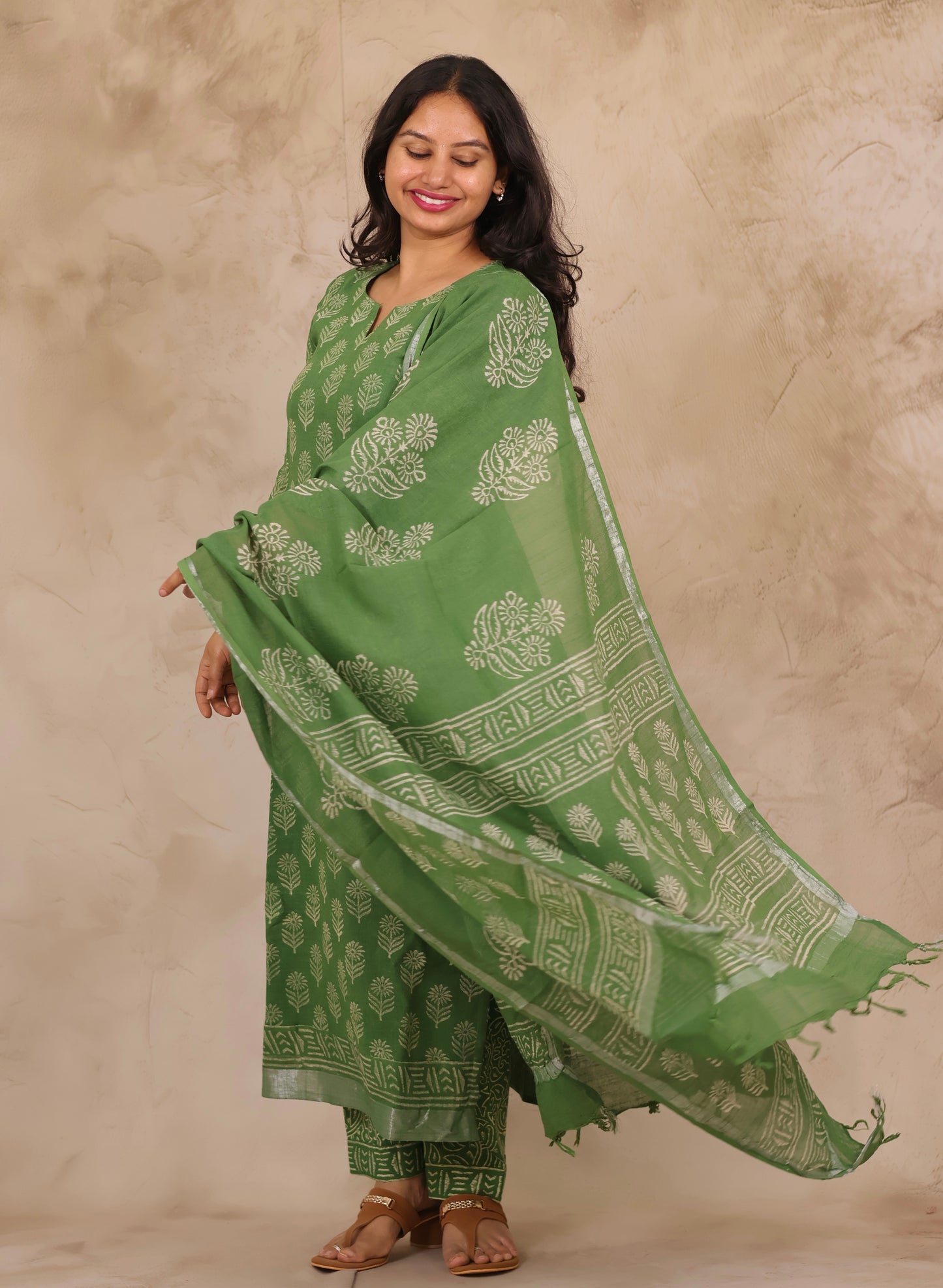 Green Linen Cotton Handblock printed 3 piece suit (stitched)