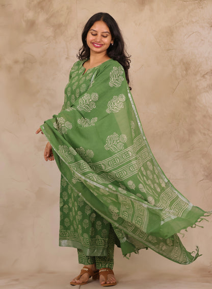 Green Linen Cotton Handblock printed 3 piece suit (stitched)