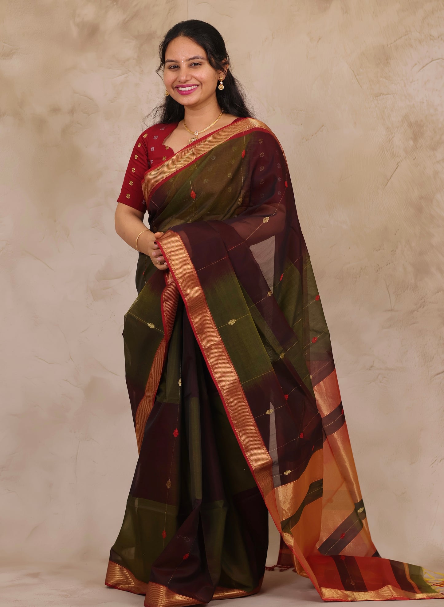 Wine & Green Handloom Maheswari Silk Cotton Sarees | Looms & Tassels