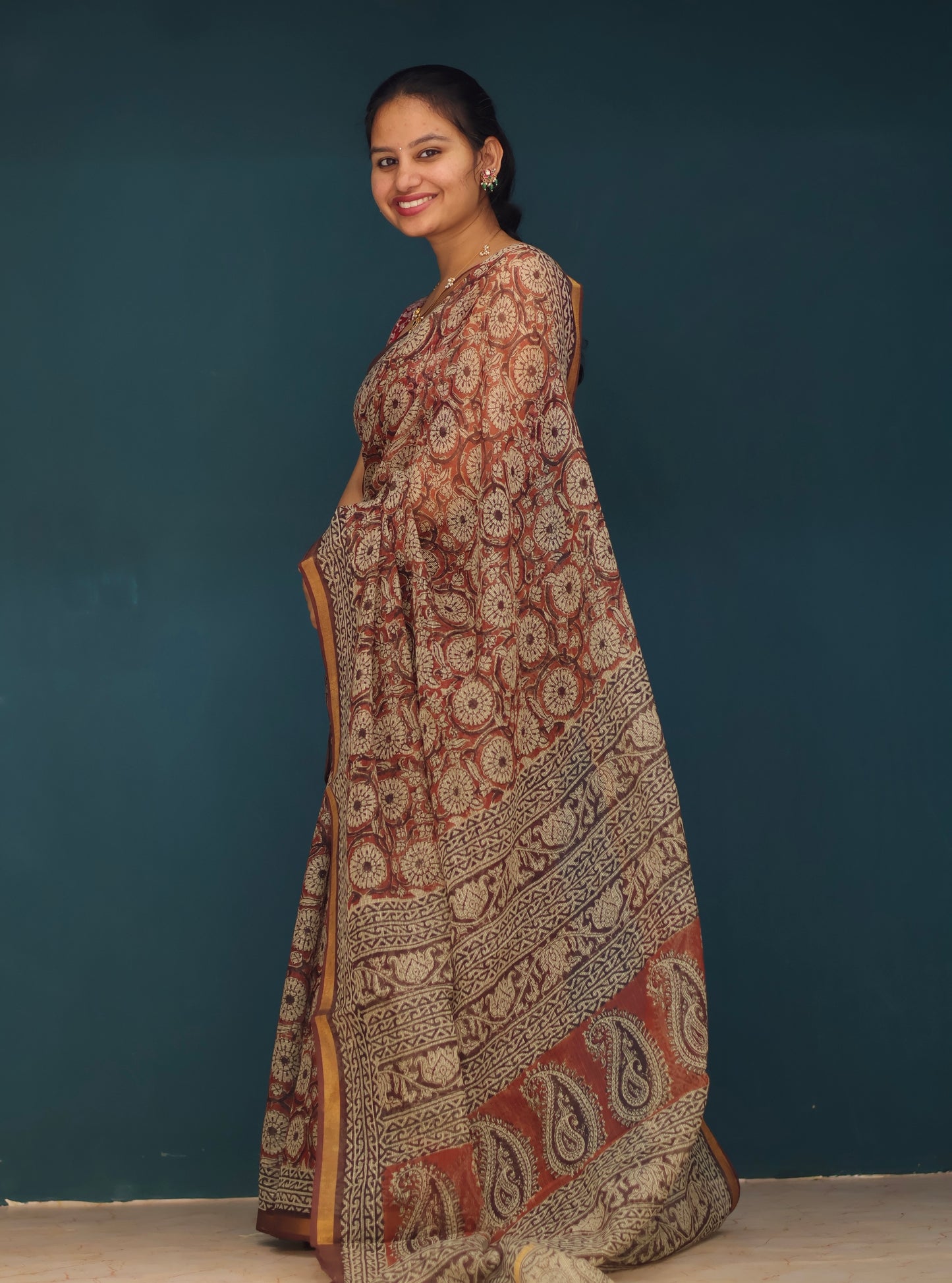 Kalamkari Hand block printed Kota Doriya Saree