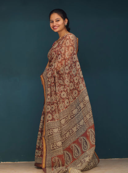 Kalamkari Hand block printed Kota Doriya Saree
