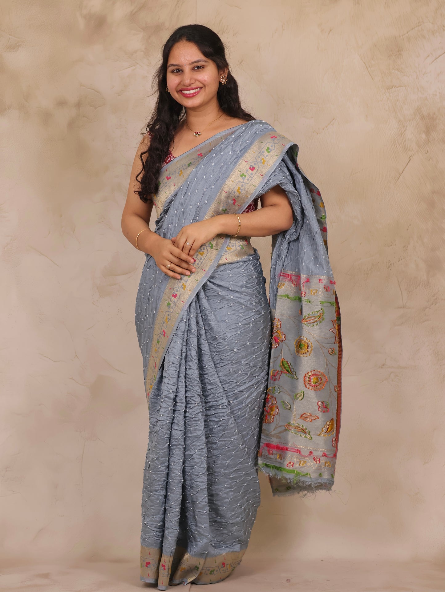 Grey Handcrafted Pattern Bandhani Paithani Dola Silk Saree | Looms & Tassels