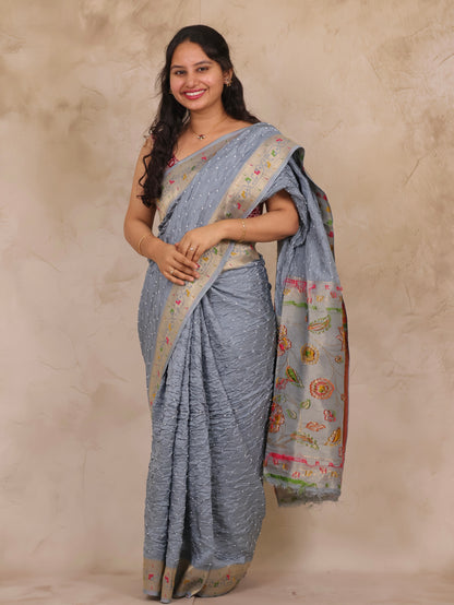 Grey Handcrafted Pattern Bandhani Paithani Dola Silk Saree | Looms & Tassels