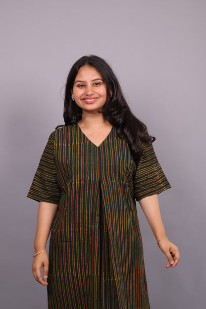 Green Ajrakh Handblock Printed Cotton Kaftan – Elegant & Breathable Ethnic Wear | Looms & Tassels