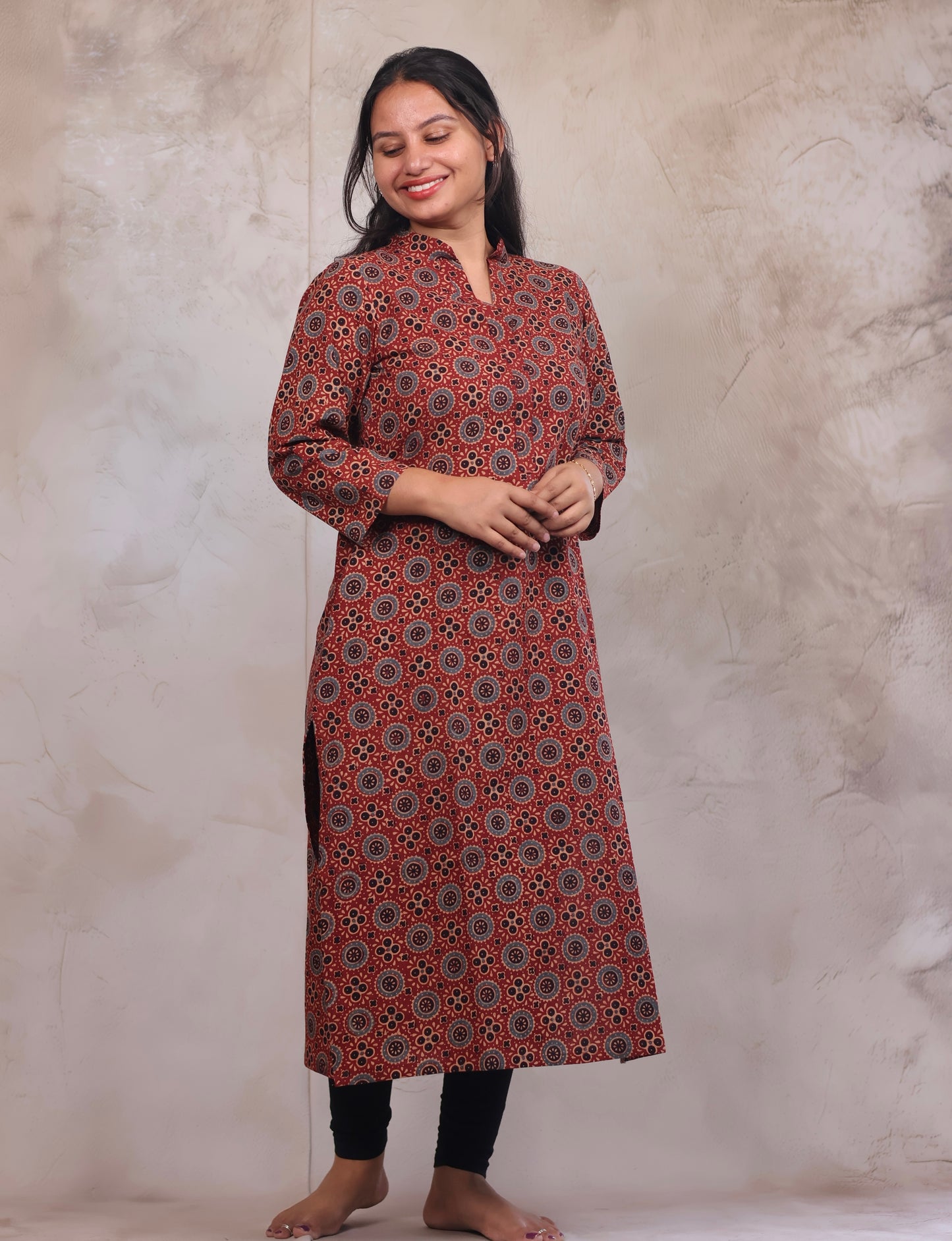 Red Ajrakh Hand Block Printed Kurti | Looms & Tassels