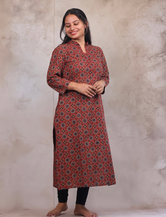 Red Ajrakh Hand Block Printed Kurti | Looms & Tassels