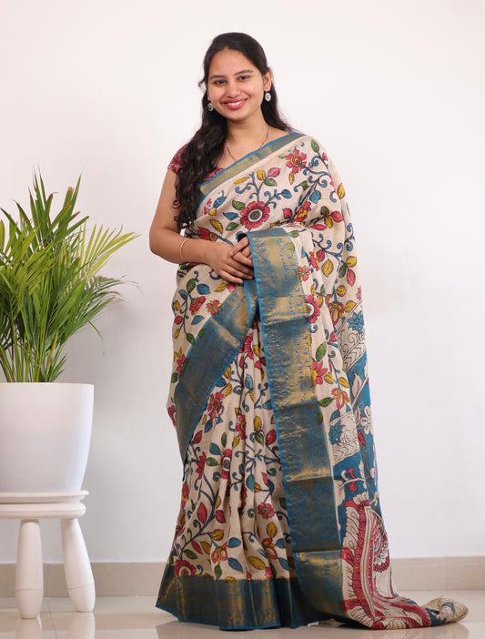 Cream Kanchi border Kalamkari chennur silk saree
