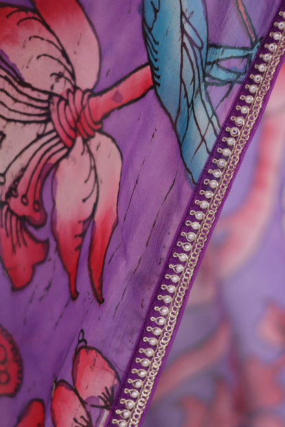 Purple Hand Painted Pen Kalamkari Organza Saree