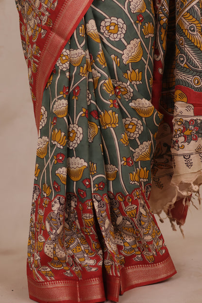 Gray Kalamkari Nizam Border Chennur Silk Saree | Looms & Tassels