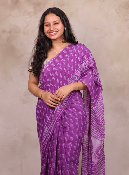Purple Chiffon Hand Block Printed Saree | Looms & Tassels