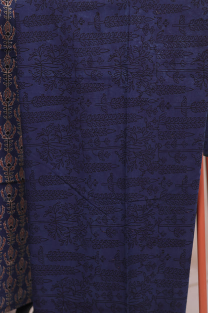Indigo Ajrakh Handblock Printed Pure Cotton 3 piece suit set | Looms & Tassels