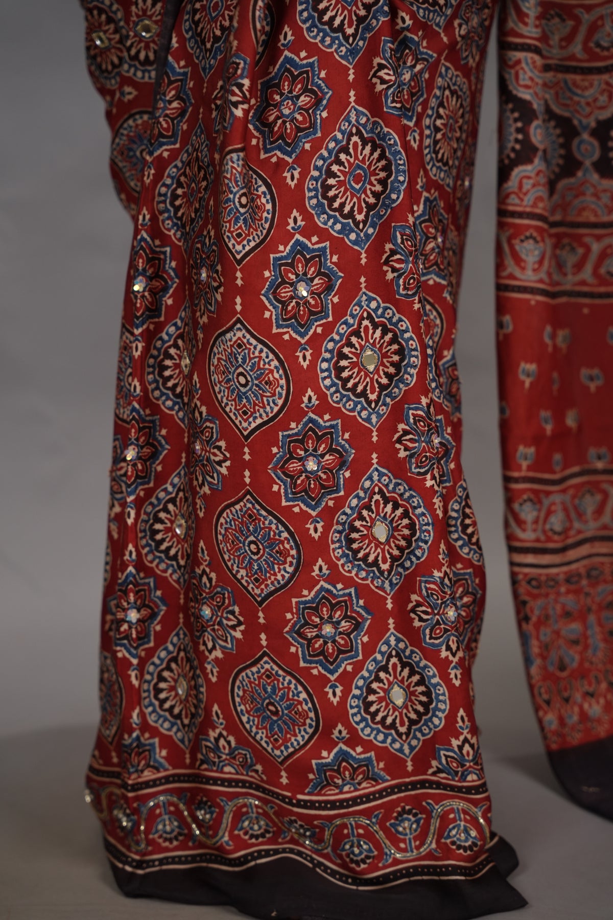 Maroon Ajrakh Modal Silk Hand Embroidery Saree  | Looms & Tassels