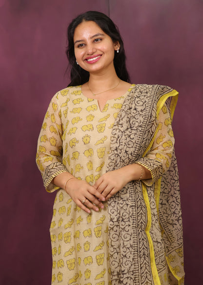 Cream & Yellow Elephant Handblock printed kota 3 piece suit (stitched)
