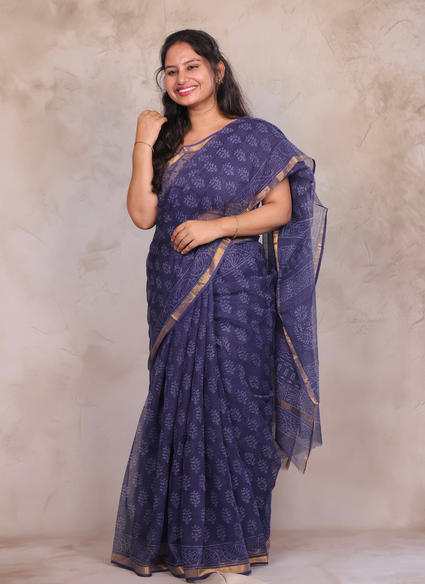 Blue Pure Kota Doria Saree with Bagru Handblock Prints | Looms & Tassels