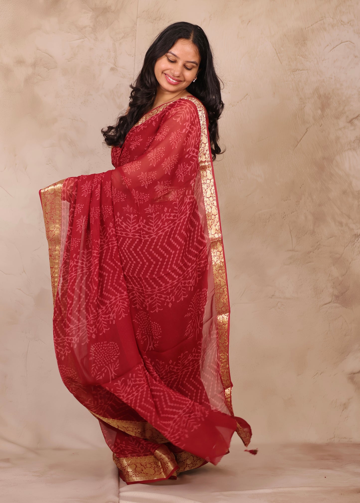 Chiffon Hand Block Printed Saree with Jari Border | Looms & Tassels