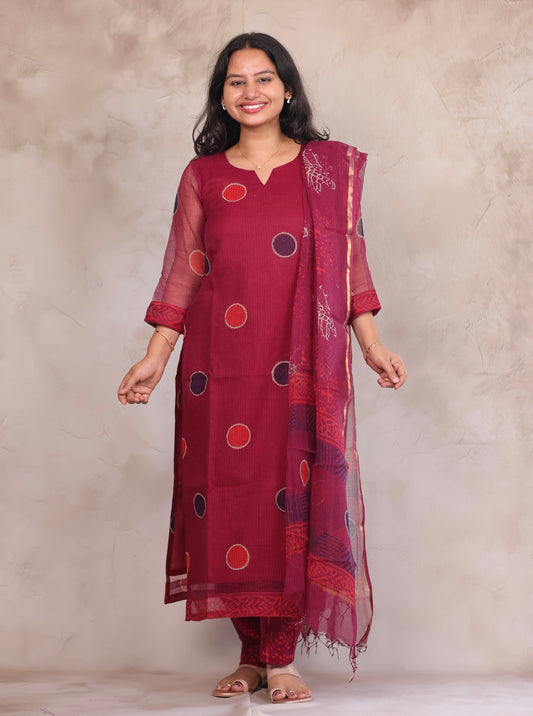 Maroon Bagru Handblock printed kota 3 piece suit (stitched)