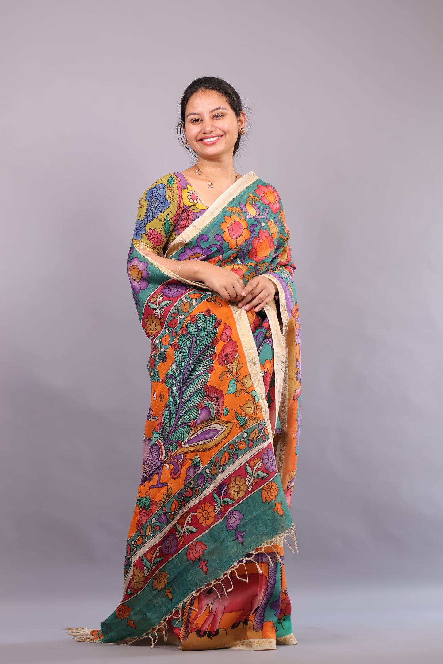 Sea Green Hand Painted Pen Kalamkari Bangalore Silk Saree with Sungdi Borders