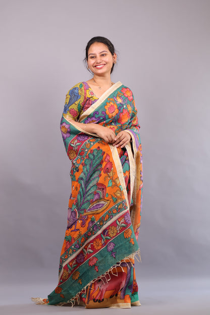 Sea Green Hand Painted Pen Kalamkari Bangalore Silk Saree with Sungdi Borders