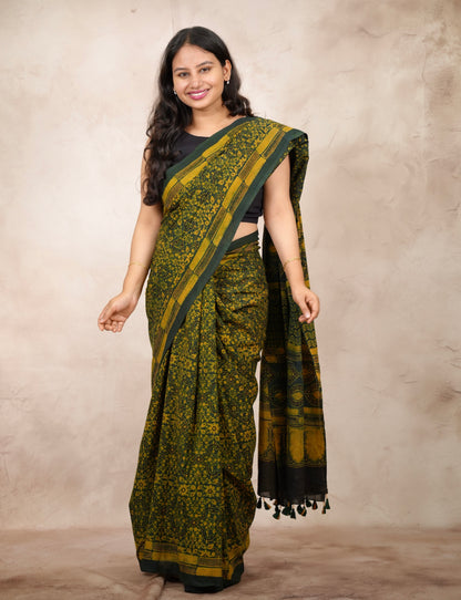 Green Ajrakh Hand Block Printed Cotton Saree | Looms & Tassels