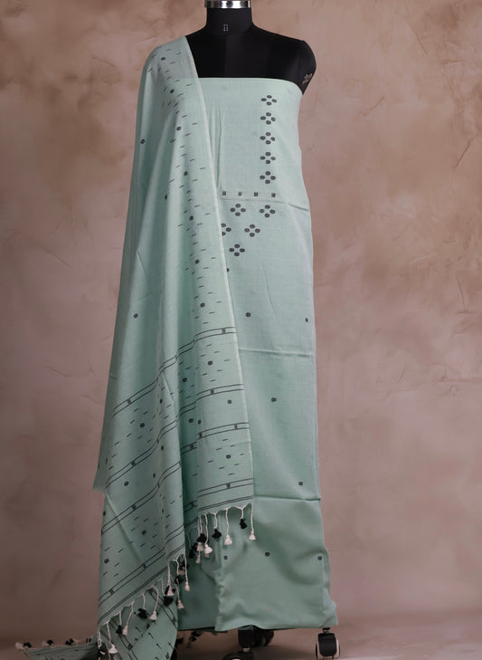Mint Green Handwoven Jamdhani weaving pure Malai cotton 2 piece suit sets | Looms & Tassels