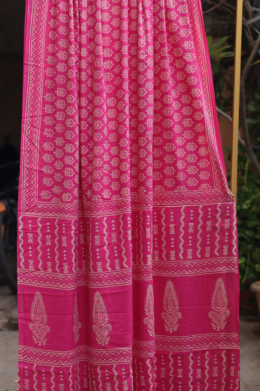 Pink Bagru Handblock printed MulMul cotton saree