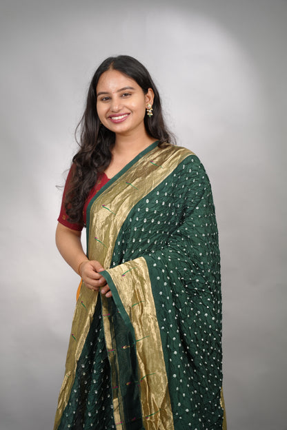 Bottle Green Handcrafted Bandhani Paithani Dola Silk Saree | Looms & Tassels