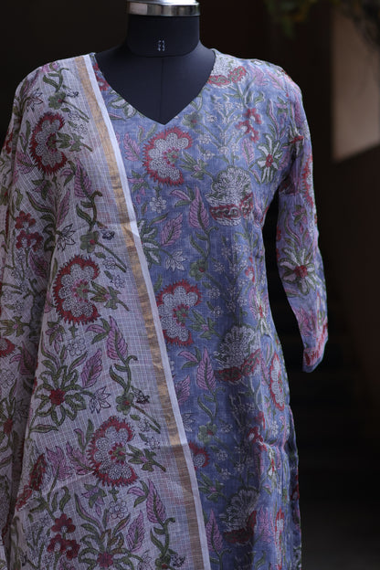 Pastel Handblock printed kota 3 piece suit (stitched)