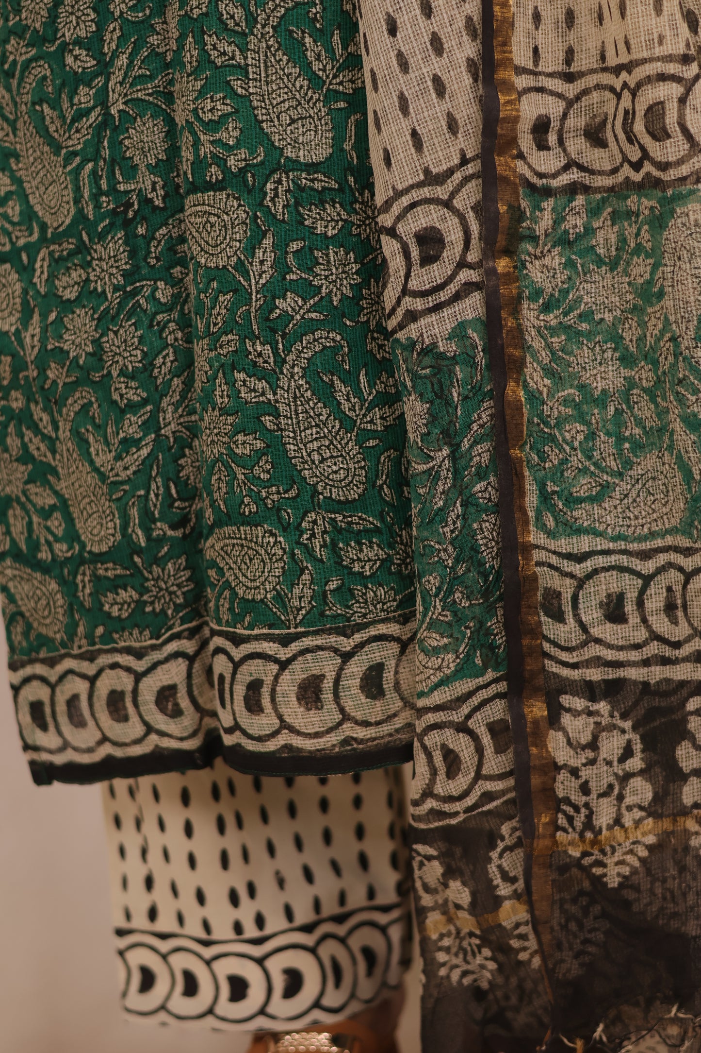 Green Handblock printed kota 3 piece suit (stitched)