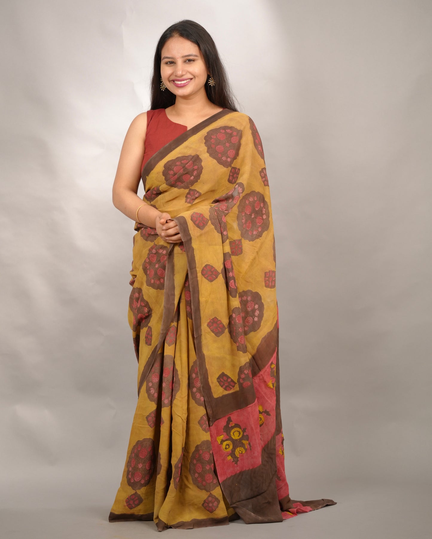 Mustard Georgette Hand Block Printed Saree| Looms & Tassels