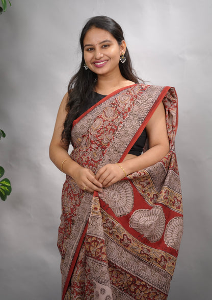 Maroon Hand Block Printed Kalamkari Cotton Saree | Looms & Tassels