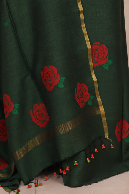 Green Handwoven Jamdhani weaving pure Mercerised Malai cotton 2 piece suit sets | Looms & Tassels