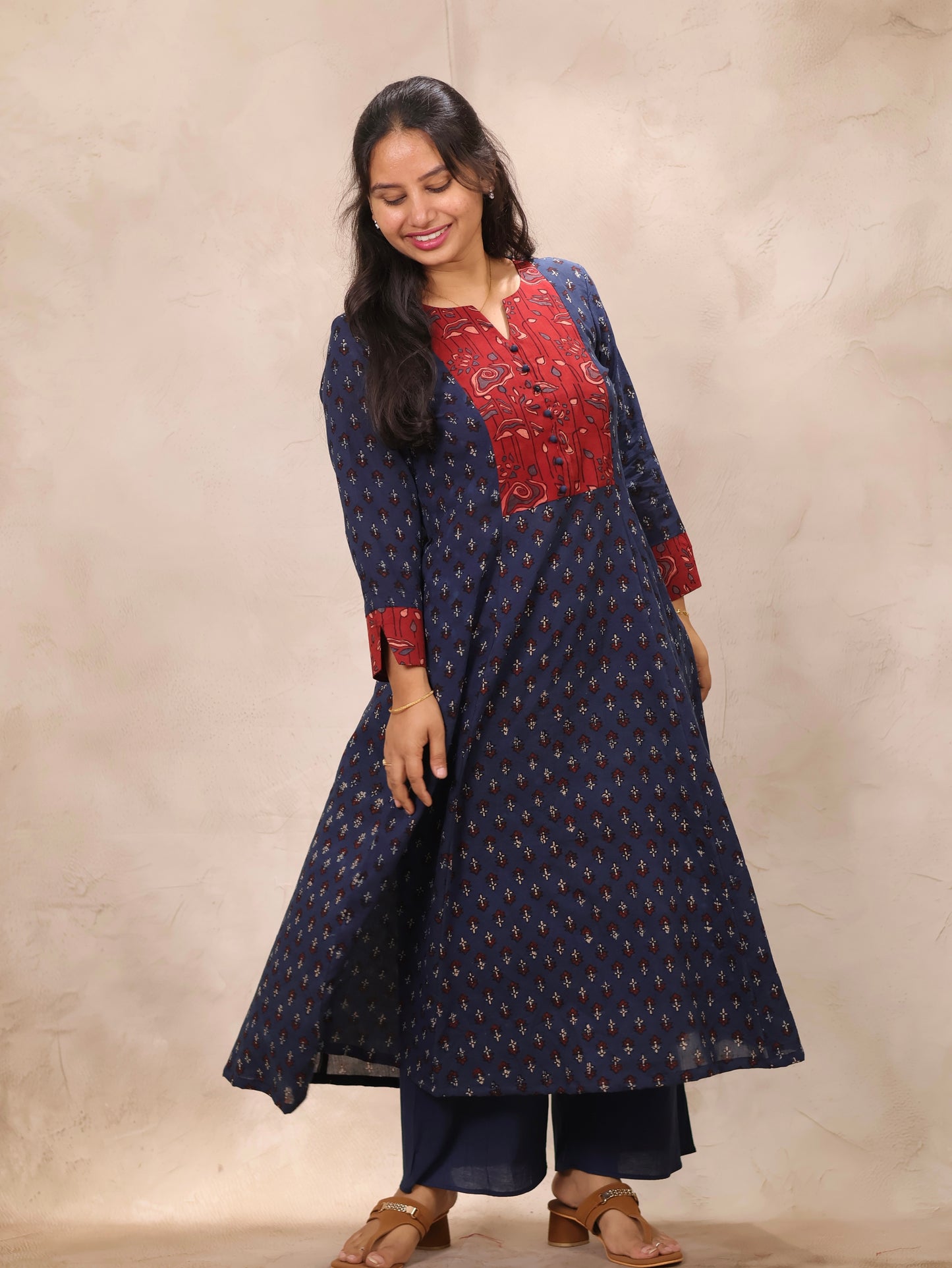 Indigo Patch Work Ajrakh Handblock Printed Kali Kurti (Pure Mul Cotton ) | Looms & Tassels