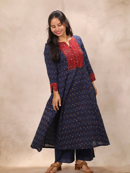 Indigo Patch Work Ajrakh Handblock Printed Kali Kurti (Pure Mul Cotton ) | Looms & Tassels