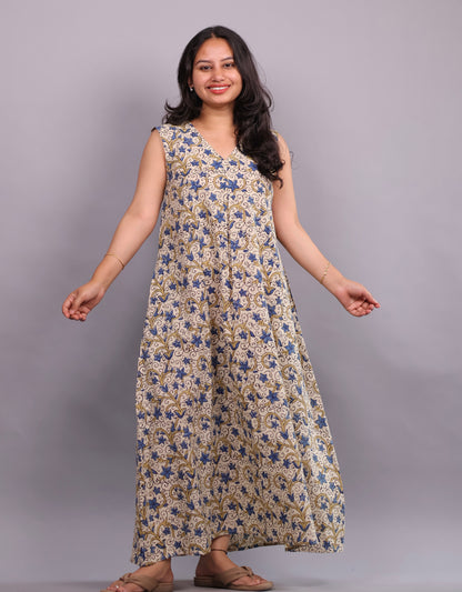 Cream Ajrakh Handblock Printed A-Line Cotton Kurti – Elegant & Comfortable Ethnic Wear | Looms & Tassels