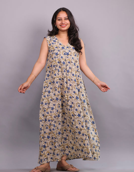 Cream Ajrakh Hand Block Printed Aline Dress | Looms & Tassels