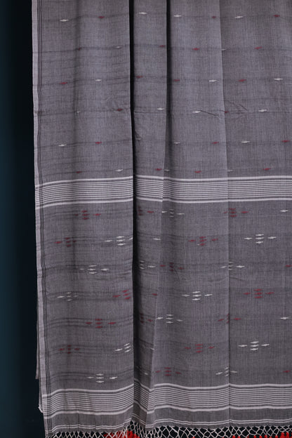 Grey Pure Handwoven Malai Cotton Saree with Butta Weaving