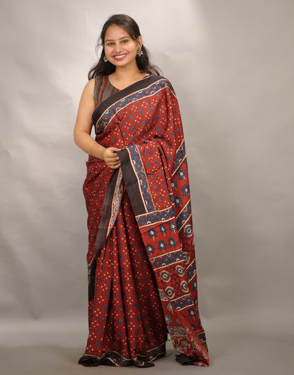 Maroon Authentic Ajrakh Handblock Printed Modal Silk Saree | Looms & Tassels