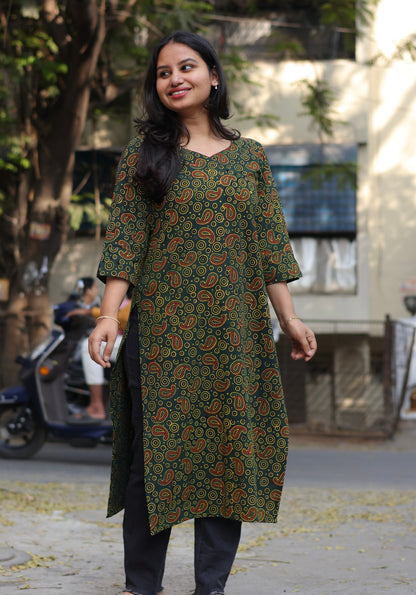 Green Ajrakh Hand Block Printed Kurti