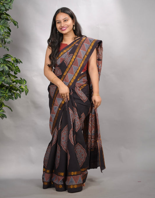 Black Ajrakh Hand Block Printed Sungudi Cotton Saree | Looms & Tassels