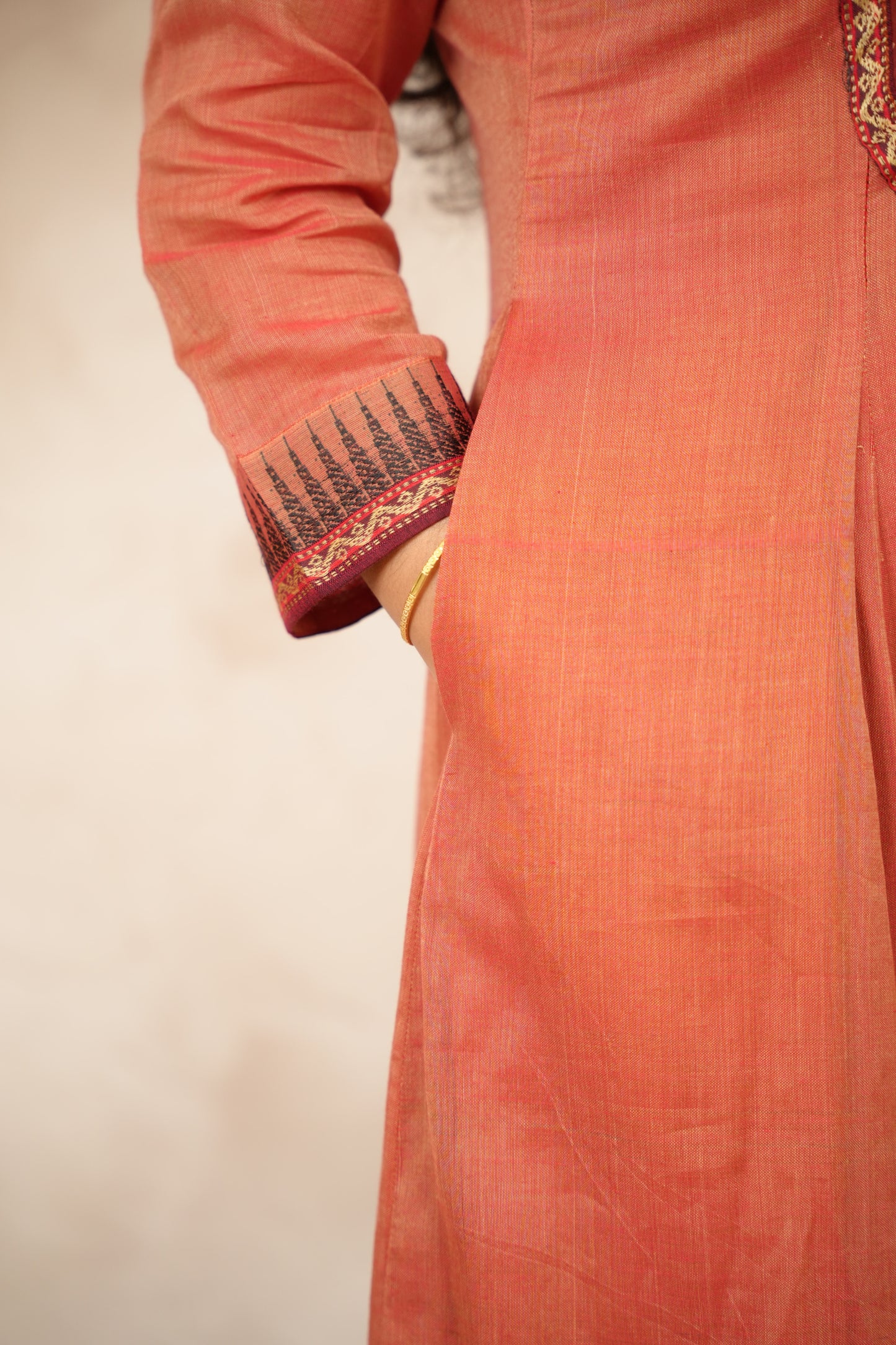 Peach Ajrakh Patch Work Narayanpet Cotton Anarkali Dress with Narayanpet Dupatta | Looms & Tassels