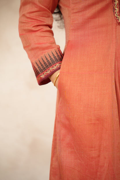 Peach Ajrakh Patch Work Narayanpet Cotton Anarkali Dress with Narayanpet Dupatta | Looms & Tassels
