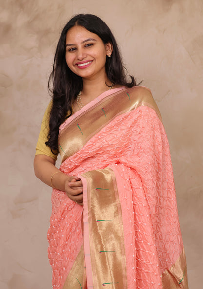 Pastel Handcrafted Bandhani Paithani Dola Silk Saree | Looms & Tassels