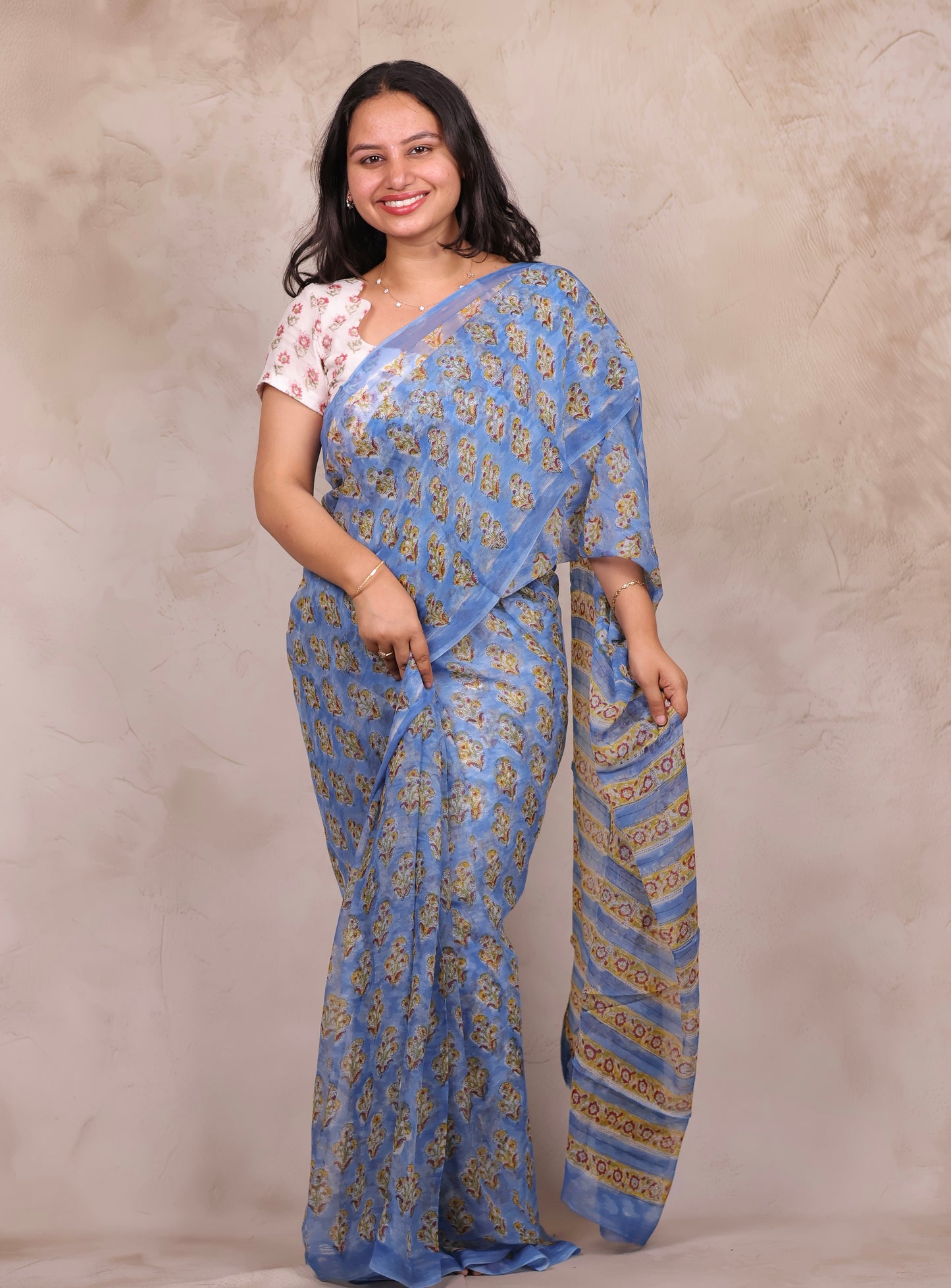 Blue Chiffon Hand Block Printed Saree | Looms & Tassels