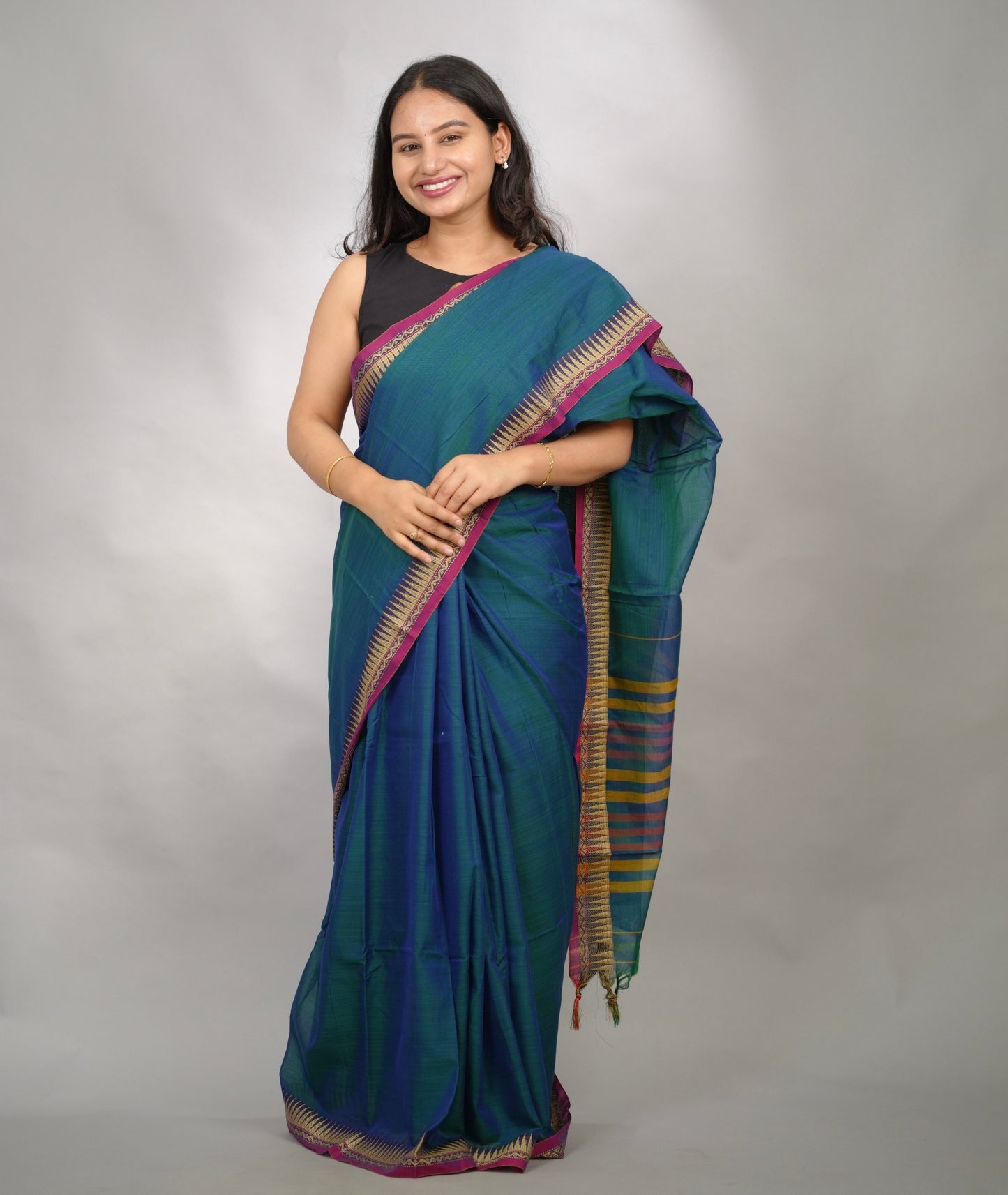 Peacock Blue Narayanpet Cotton Saree With Temple Border | Looms & Tassels